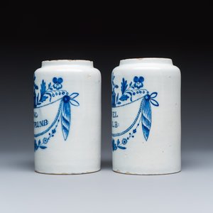 A pair of blue and white Dutch Delft albarelli-type apothecary jars — photo 6