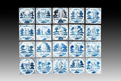 20 blue and white Dutch Delft 'biblical subject' tiles, 18th C.