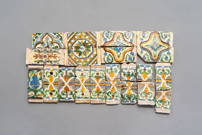 21 polychrome ceiling tiles and fragments, Spain, 15/16th C.
