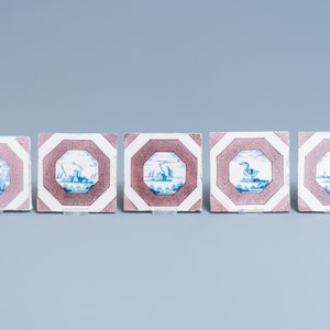 22 blauw-witte en mangane Delftse tegels, 17/18e eeuw — foto 3