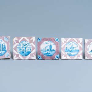 22 blauw-witte en mangane Delftse tegels, 17/18e eeuw — foto 6