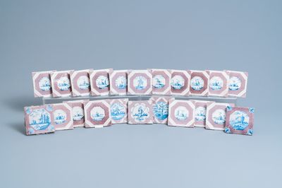 22 Dutch Delft blue, white and manganese tiles, 17/18th C.