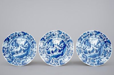 3 blue and white Dutch Delft chinoiserie Kangxi-style plates, ca. 1700