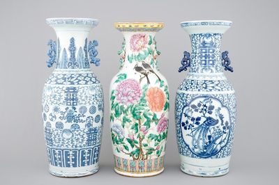 3 tall Chinese famille rose and blue & white vases, 19th C.