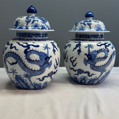 A pair of Chinese blue and white 'Dragon' jars and covers — photo 1