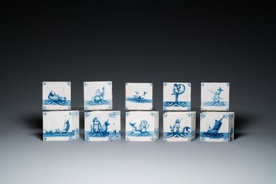 30 Dutch Delft blue and white tiles with sea monsters and ships, 18th C.