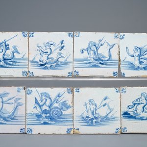 35 Delft blue and white tiles with seacreatures and ships, Ghent, 17th C. — 照片 2