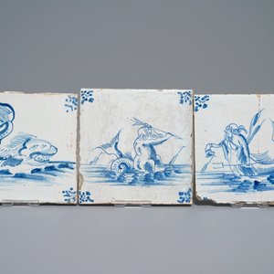 35 Delft blue and white tiles with seacreatures and ships, Ghent, 17th C. — 照片 6