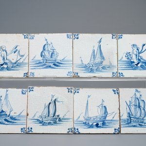 39 carreaux en faïence de Delft en bleu et blanc à décor de monstres marins et de navires, Gand, 17ème — photo 4