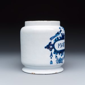 A varied group of three Dutch Delft and Brussels faience apothecary jars — photo 13