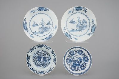 4 blue and white Chinese porcelain plates, inc. a pair of Nanking Cargo plates, 18th C.