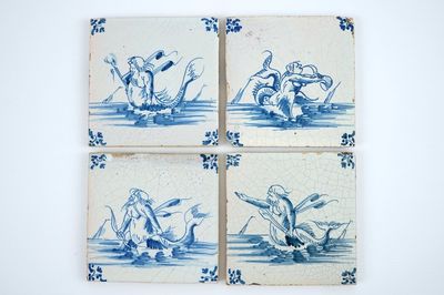 4 carreaux de Delft aux monstres marins, Gand, 17ème