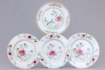 4 Chinese famille rose porcelain plates: one with peacocks and three floral, Qianlong, 18th C.