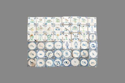 48 blue, white and polychrome Dutch Delft tiles, 17th C.
