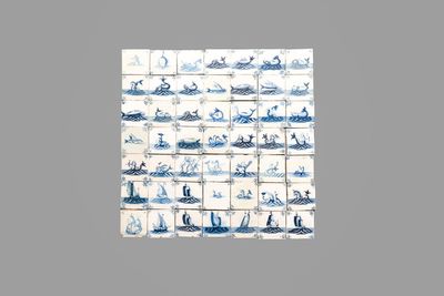 49 blue and white Dutch Delft 'Sea Creatures' and 'Ship' tiles , 17th C.