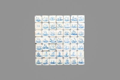 49 blue and white Dutch Delft 'Sea Creatures' tiles, 17th C.