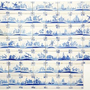 54 blauwwitte Delftse tegels met landschappen bij het water, 19e eeuw — foto 1