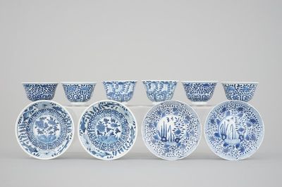 6 Chinese blue and white porcelain cups and 4 saucers, 19th C.