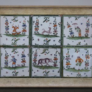 6 rechthoekige tegels in Frans aardewerk, ingekaderd, Bordeaux, 18e eeuw — foto 1