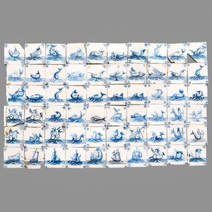 60 blue and white Dutch Delft 'Sea Creatures' and 'Ship' tiles, 18th C. — photo 1