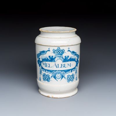 A large blue and white Dutch Delft albarello inscribed 'MEL ALBUM', 18th C.