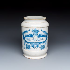 A large blue and white Dutch Delft albarello inscribed 'MEL ALBUM' — photo 1