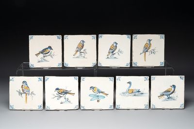 9 polychrome Dutch Delft 'bird' and 'swan' tiles, 17th C.