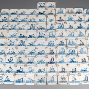 92 blue and white Dutch Delft tiles with sea monsters and ships, 18th C. — 照片 1