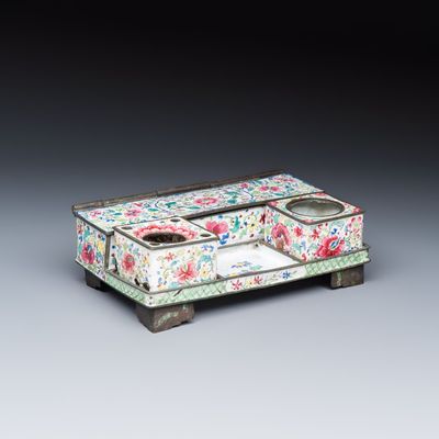 A Chinese Canton enamel rectangular writing desk set, Qianlong