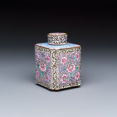 A Chinese Canton enamel square tea caddy and cover with floral scrolls, Qianlong