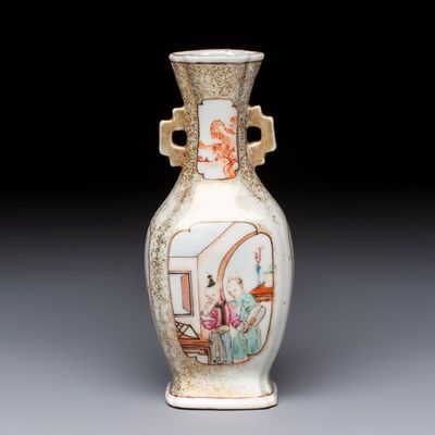 A Chinese Canton famille rose gilt-decorated vase with figural design, Qianlong