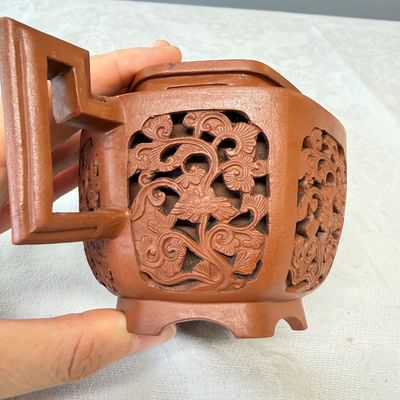 A Chinese Yixing stoneware openworked double-walled teapot and cover with floral design — photo 8