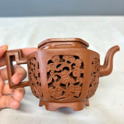 A Chinese Yixing stoneware openworked double-walled teapot and cover with floral design — photo 9