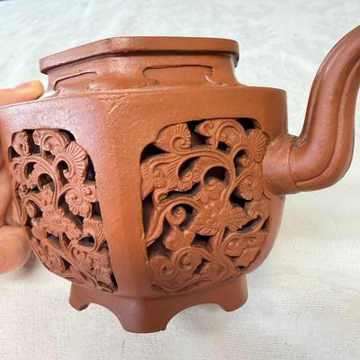 A Chinese Yixing stoneware openworked double-walled teapot and cover with floral design — photo 10