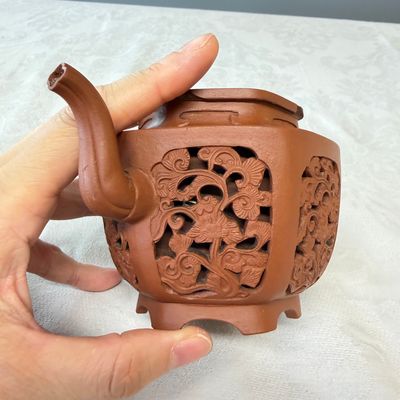 A Chinese Yixing stoneware openworked double-walled teapot and cover with floral design — photo 11