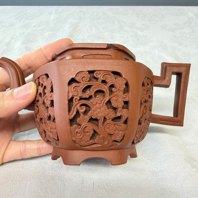 A Chinese Yixing stoneware openworked double-walled teapot and cover with floral design — photo 12