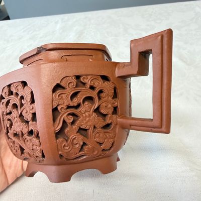 A Chinese Yixing stoneware openworked double-walled teapot and cover with floral design — photo 13