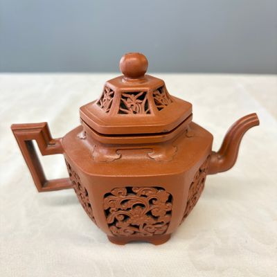 A Chinese Yixing stoneware openworked double-walled teapot and cover with floral design — photo 3