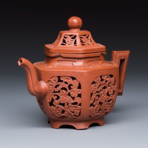 A Chinese Yixing stoneware openworked double-walled teapot and cover with floral design — photo 1