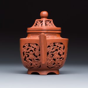 A Chinese Yixing stoneware openworked double-walled teapot and cover with floral design — photo 3
