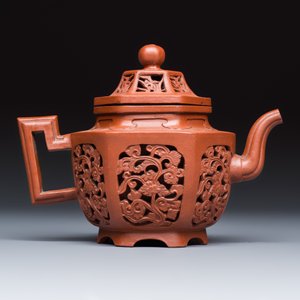 A Chinese Yixing stoneware openworked double-walled teapot and cover with floral design — photo 4