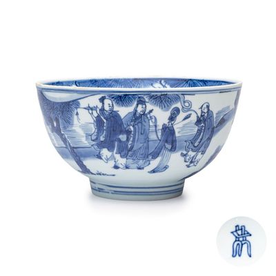 A Chinese blue and white 'Ba Xian Zhu Shou 八仙祝壽' bowl, fang ding mark, Kangxi