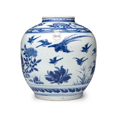 A Chinese blue and white 'Birds Among Flowers' vase, Transitional period