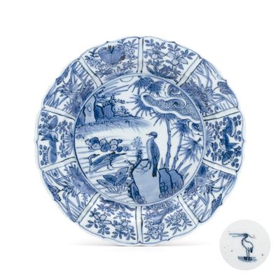 A Chinese blue and white 'Birds Beside the Water' plate, Egret mark, Wanli