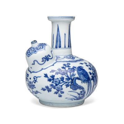 A Chinese blue and white 'Birds among Flowering Branches' kendi, Wanli