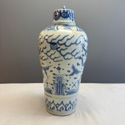 A Chinese blue and white 'Dragons Chasing the Flaming Pearl' meiping vase with original cover — photo 2