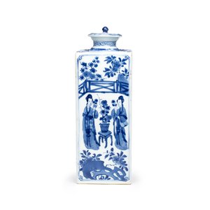 A Chinese blue and white 'Elegant Ladies in a Garden' square flask and cover — 照片 3