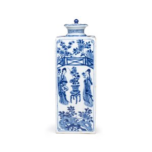 A Chinese blue and white 'Elegant Ladies in a Garden' square flask and cover — 照片 4