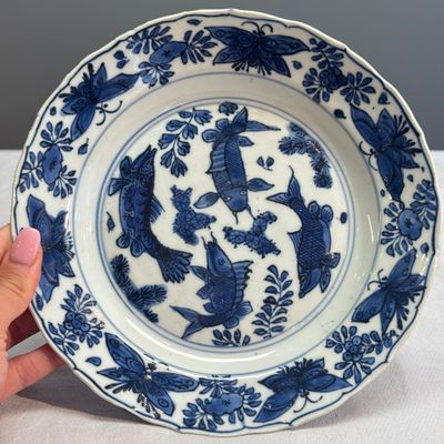 A Chinese blue and white 'Fish and Butterflies' plate — photo 1