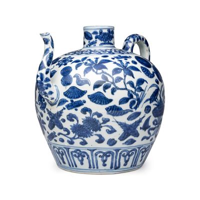 A Chinese blue and white 'Flowers and Auspicious Emblems' ewer, Wanli